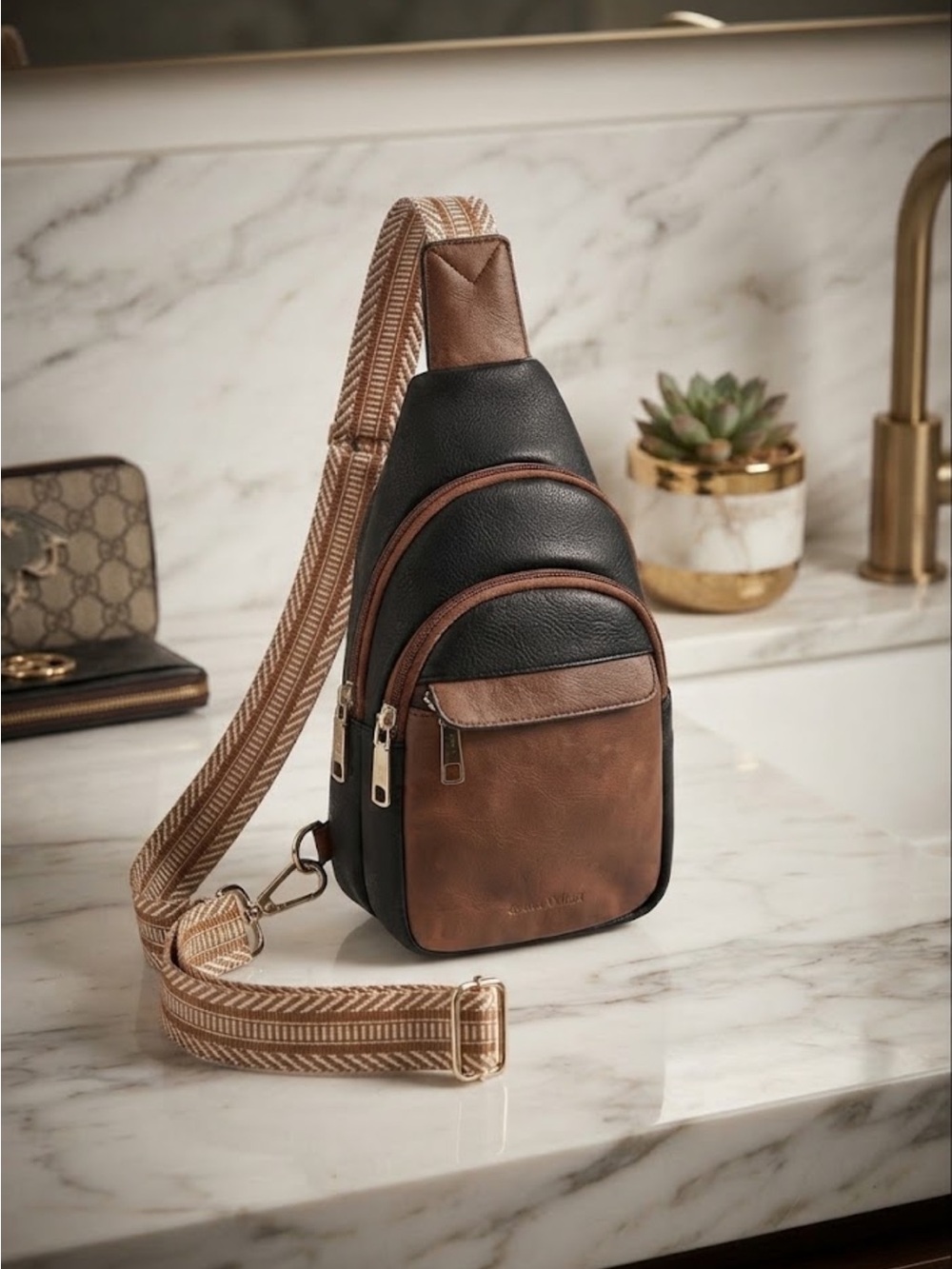 Bostanten Two-Tone Black & Brown Leather Crossbody Sling Bag